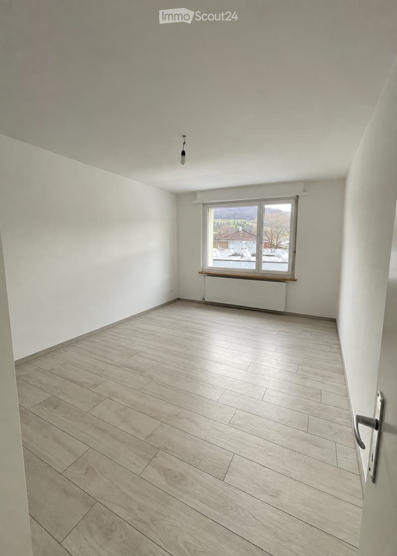 Empty room with light wooden flooring, white walls, a single window with a radiator below, and a ceiling light fixture.