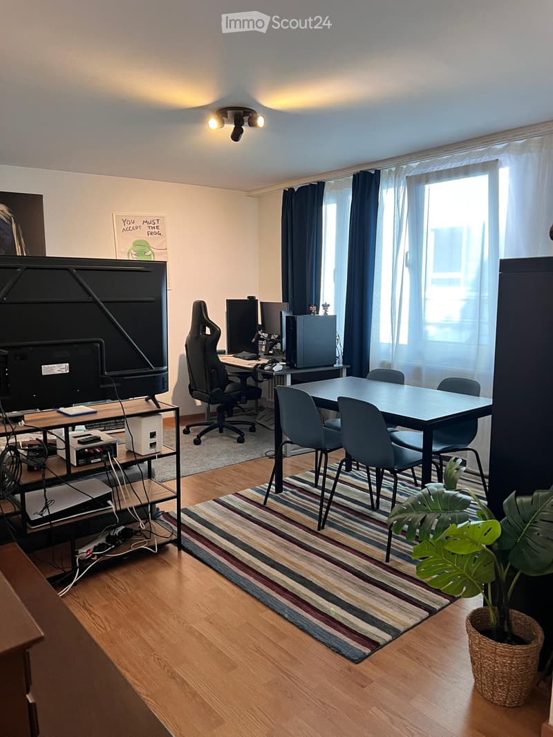 A modern, well-lit room with wooden flooring, a large window with curtains, a striped rug, a gaming chair, a desk with multiple screens, and a small table with chairs.