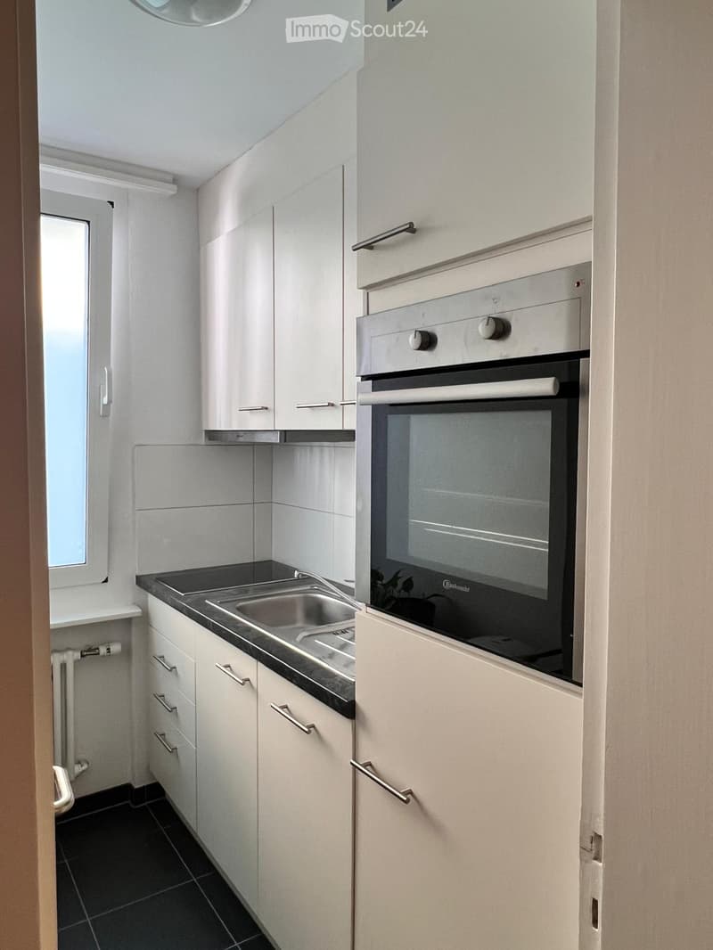 Modern kitchen with white cabinets, stainless steel sink, and built-in oven. Features black countertops and tiled flooring.