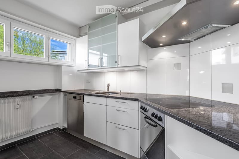 Modern kitchen with white cabinets, granite countertop, stainless steel appliances, and large windows.