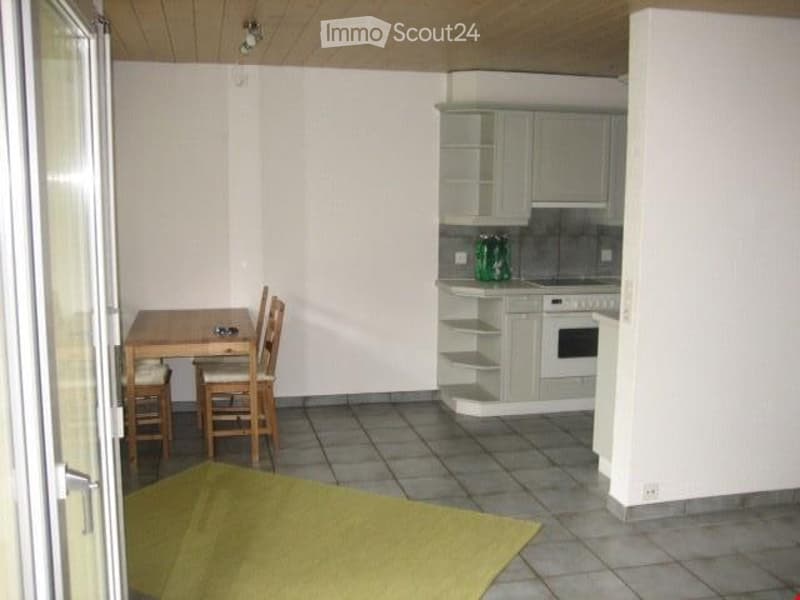 A small, modern kitchen and dining area with white cabinets, a wooden dining table, and two chairs. The floor is tiled, and there is a green rug in the foreground.