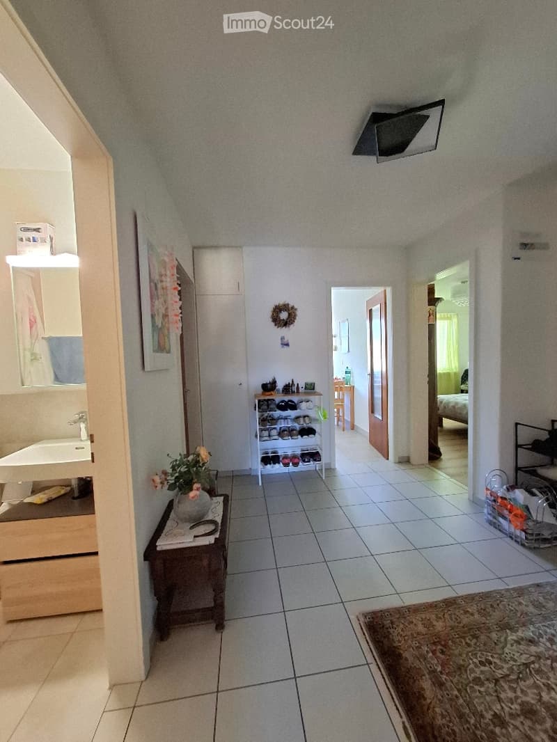 Bright hallway with tiled flooring, white walls, and several doors leading to different rooms. Features include a small table with a vase of flowers, a shoe rack, and a TV mounted on the wall.