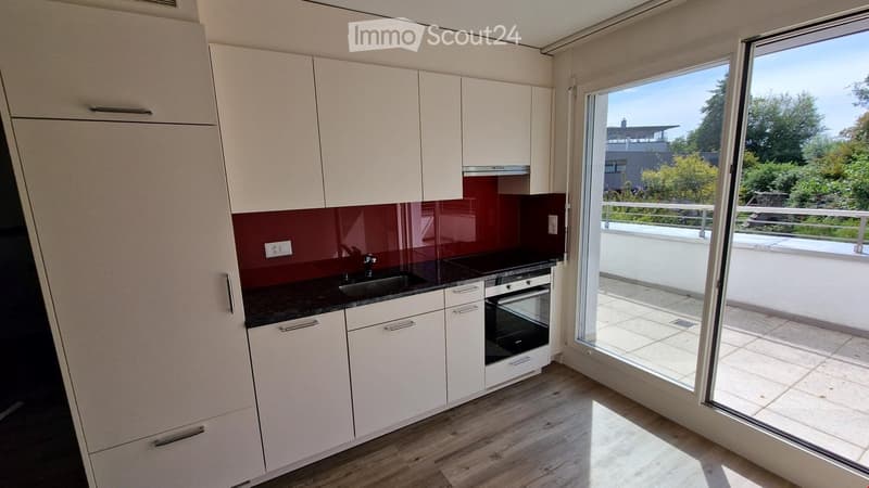 modern kitchen, white cabinets, black granite countertops, stainless steel appliances, red backsplash, sliding glass door to balcony