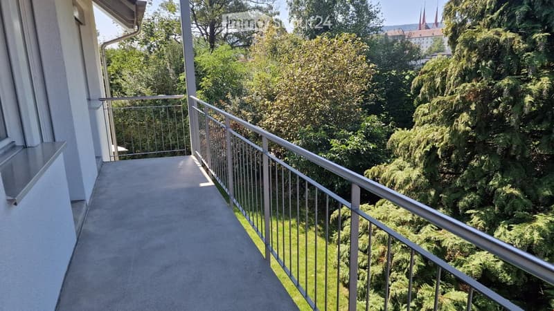 covered balcony with metal railing, grassy area in front, trees and greenery
