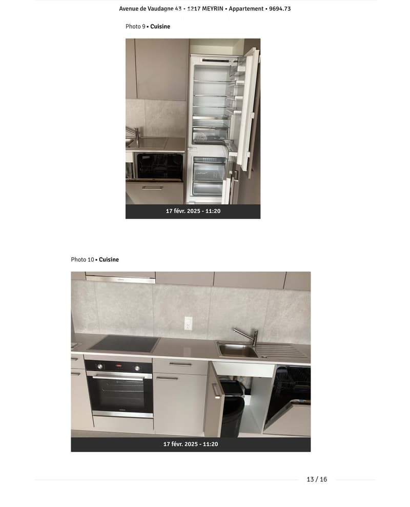 Modern kitchen with light-colored cabinets, stainless steel appliances including a refrigerator, oven, sink, and dishwasher. Features a sleek countertop and built-in storage.