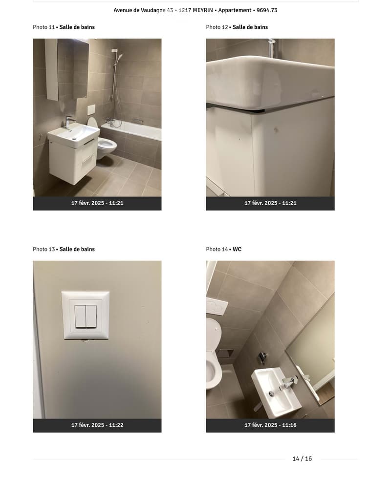 Modern bathroom with a white sink, toilet, bathtub, and light switch. The walls and floor are tiled in neutral tones.