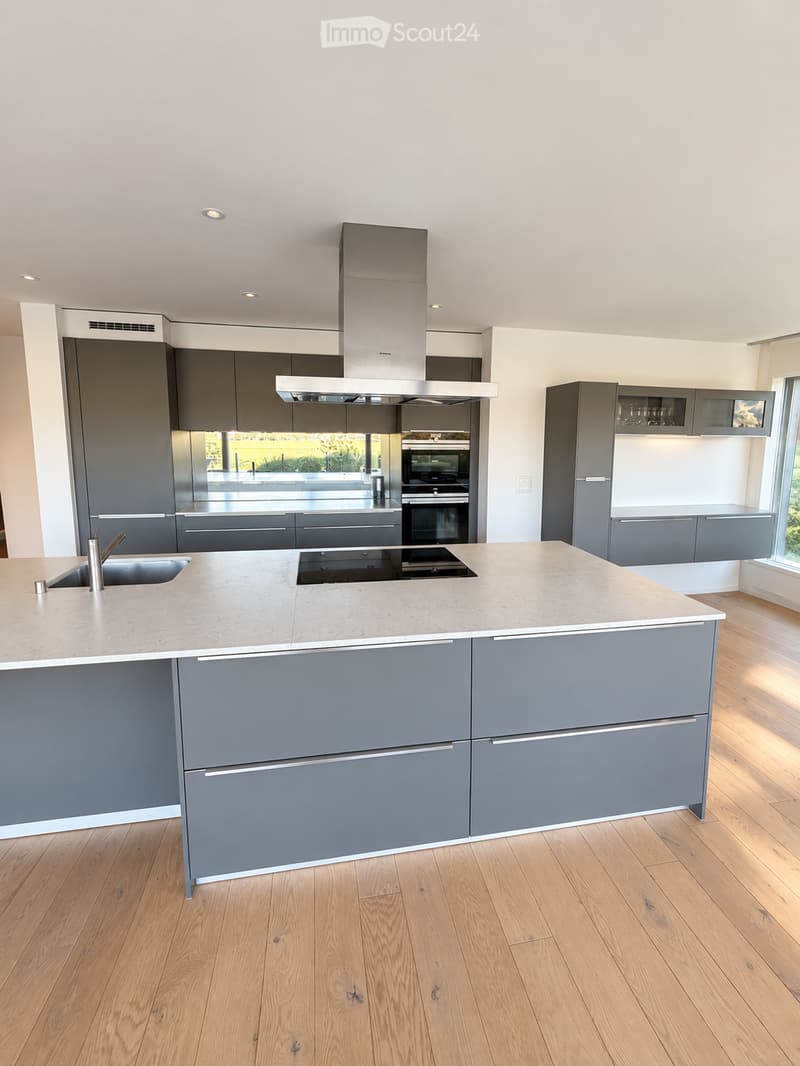 Modern kitchen with grey cabinets, a central island with a marble countertop, built-in oven, range hood, and sink.