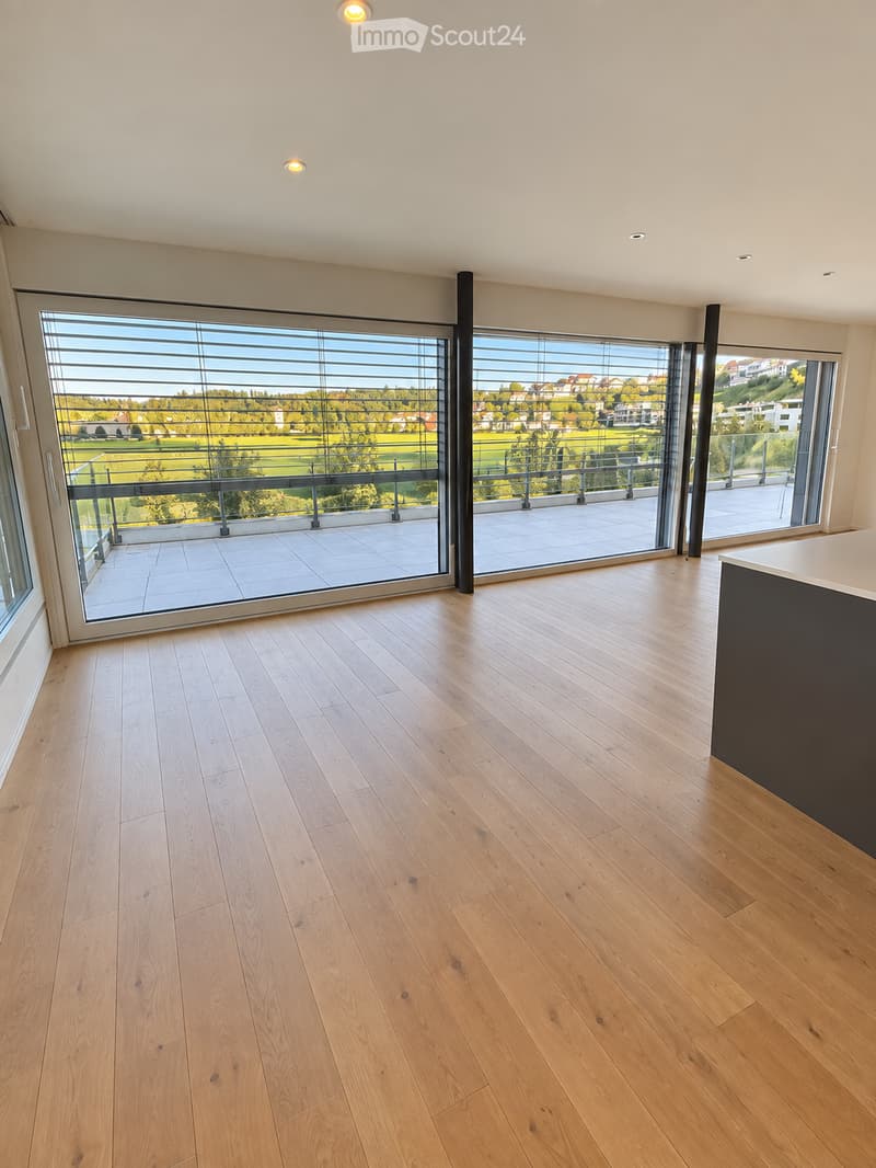 Empty room with light wooden flooring, large windows with blinds, and a view of a green landscape and buildings.