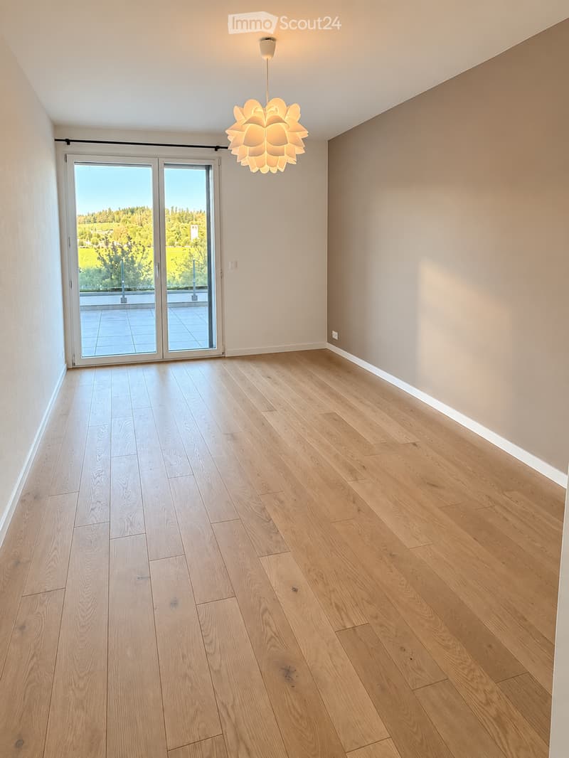 Empty room with light wooden flooring, white walls, and a large sliding glass door leading to a balcony. A modern pendant light hangs from the ceiling.