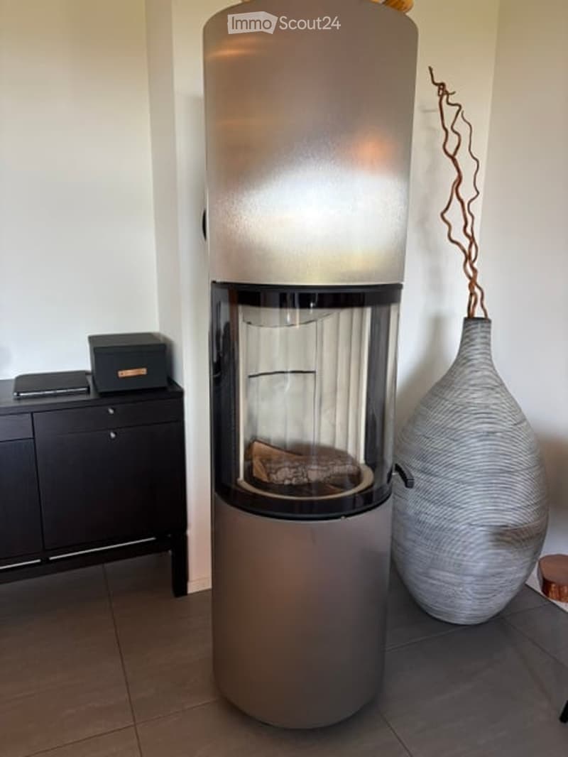 Modern living room with a sleek, contemporary fireplace as the focal point, accompanied by a dark wooden cabinet and a large decorative vase.