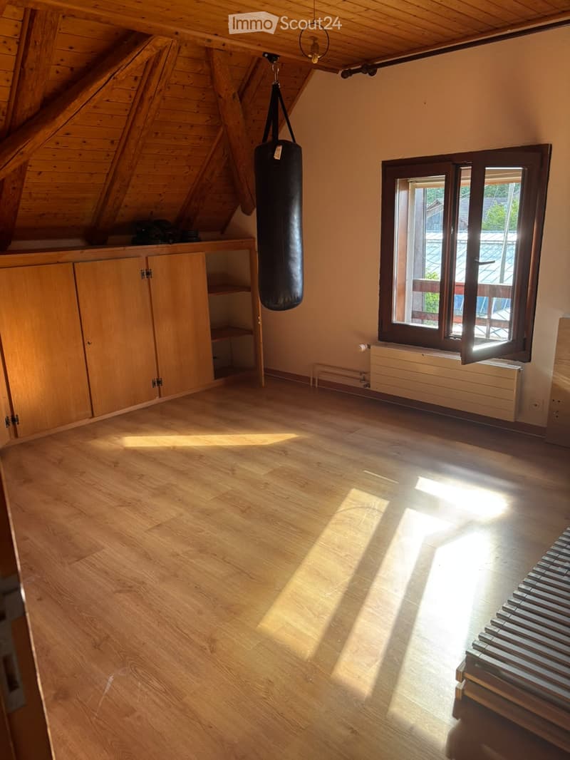 Bright attic room with wooden floors, slanted wooden ceiling, large windows, punching bag, and built-in wooden cabinet.