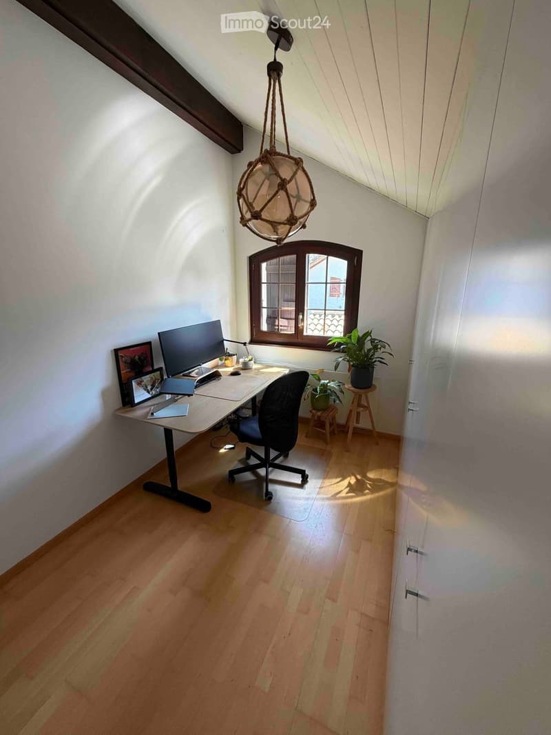 A modern, well-lit room with wooden flooring, a large window, a hanging pendant light, a desk with a computer setup, a chair, and small potted plants on a stool.