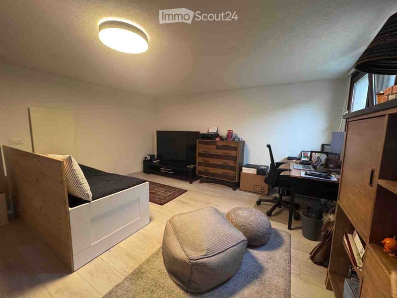 A multi-functional room with a bed, desk, and seating area. Features a modern lamp, a large screen, and a cozy seating area with two bean bags.