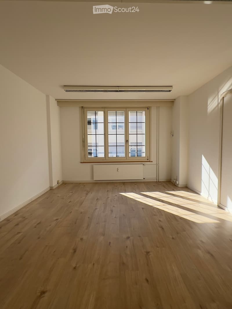Empty room with light wooden flooring, white walls, and large windows allowing natural light to enter. The room features a radiator under the windows and a ceiling light fixture.