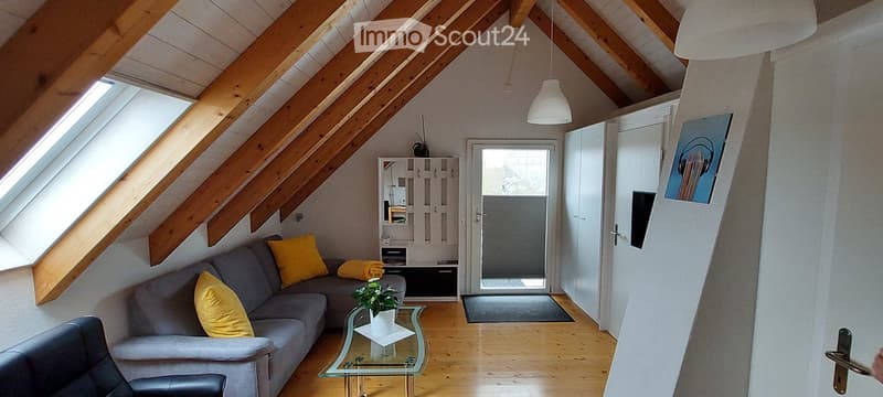 Bright living room with wooden beams, skylight windows, grey sofa with yellow cushions, glass coffee table, potted plant, and a modern cabinet.