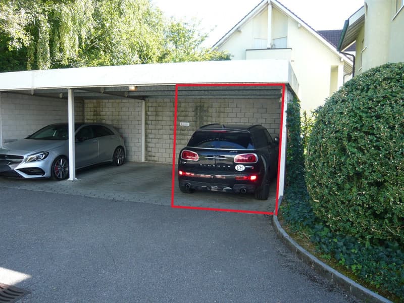 A covered garage with two parked cars, a white roof, brick walls, and a surrounding hedge.