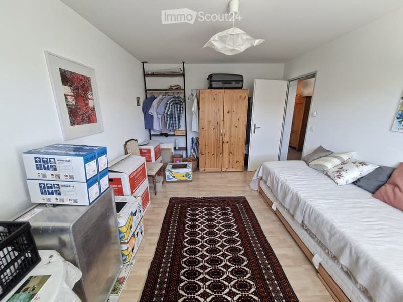 Bedroom with a single bed, wardrobe, shelf, chair, picture frame, suitcases, and boxes.