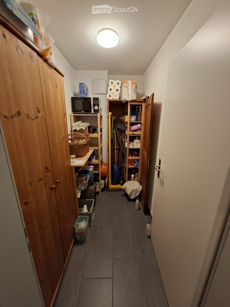 Narrow hallway with wooden cabinetry, shelves, and storage items, including a microwave, cleaning supplies, and a vacuum cleaner.