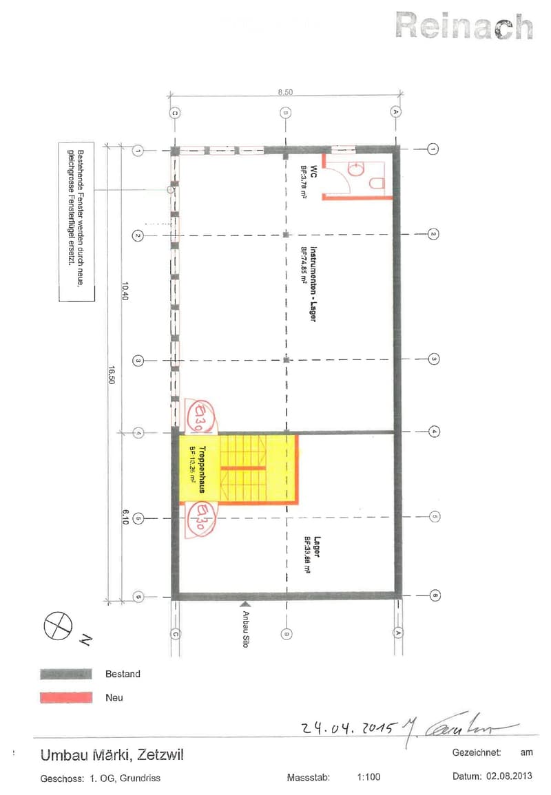 Floor plan of the first floor showing existing and new areas including a WC, instrumentation room, storage, staircase, and annex silo.