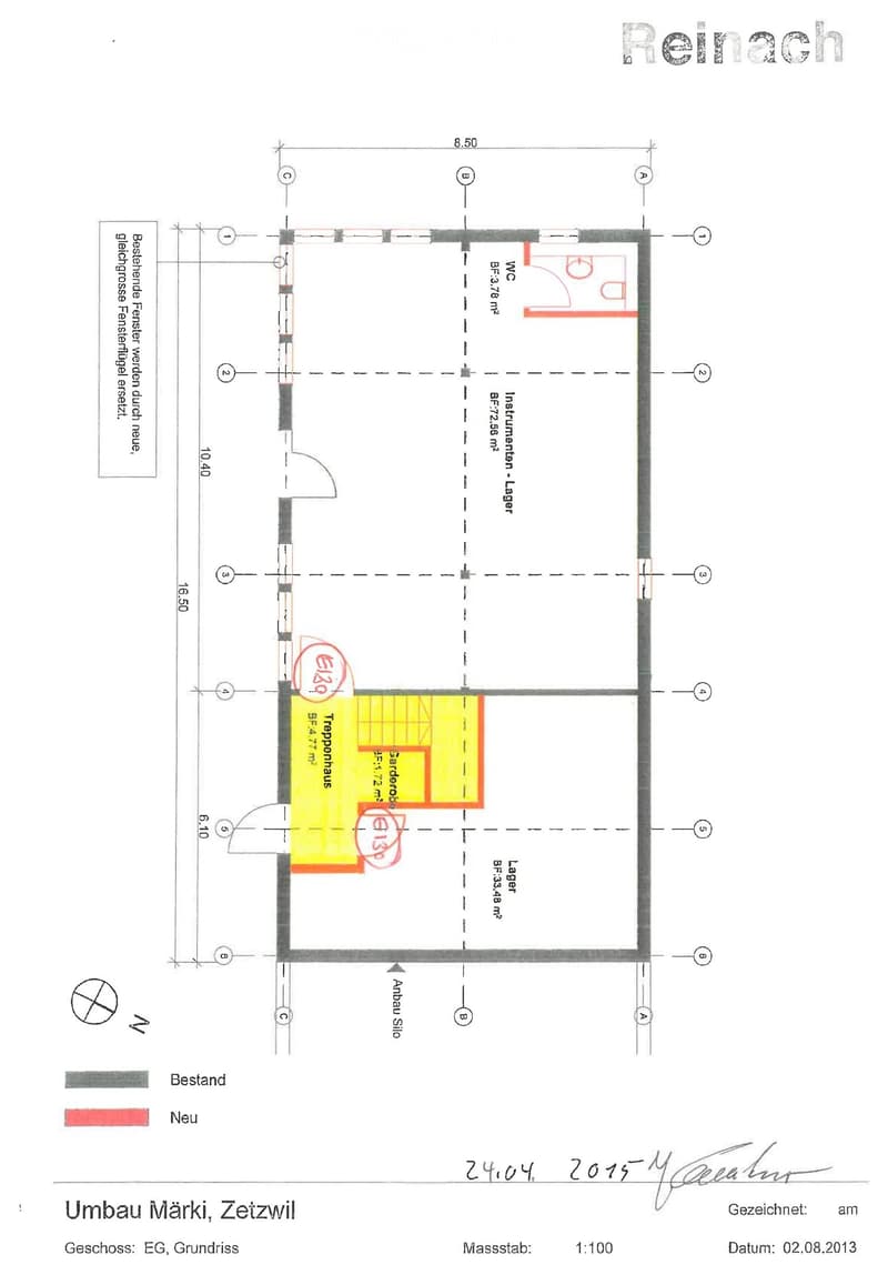 Ground floor plan showing existing and new construction areas including a staircase, garden shed, storage area, and instrument storage. Dimensions and labels are provided.