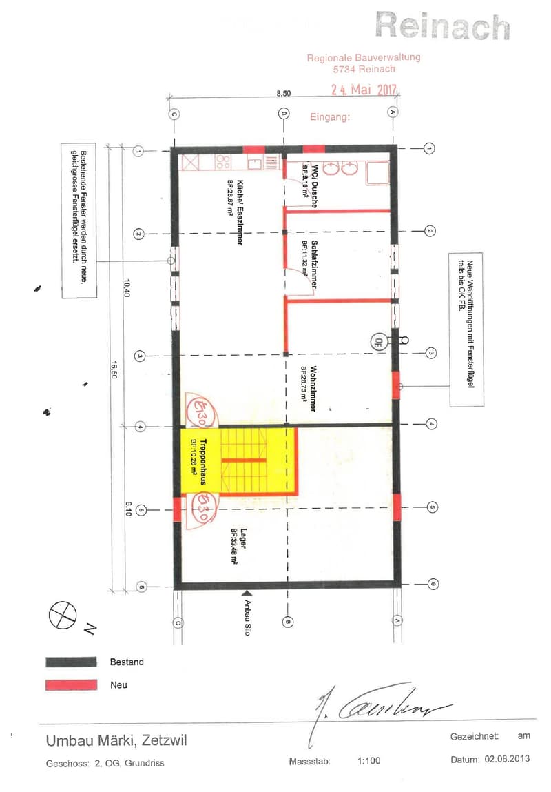 Floor plan of a second-floor apartment showing a kitchen, dining room, living room, bedroom, and hallway. Dimensions and room labels are provided.