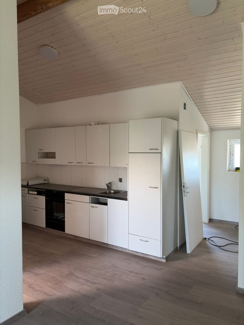 Modern kitchen with white cabinets, a refrigerator, oven, and sink, featuring wooden flooring and a slanted wooden ceiling.