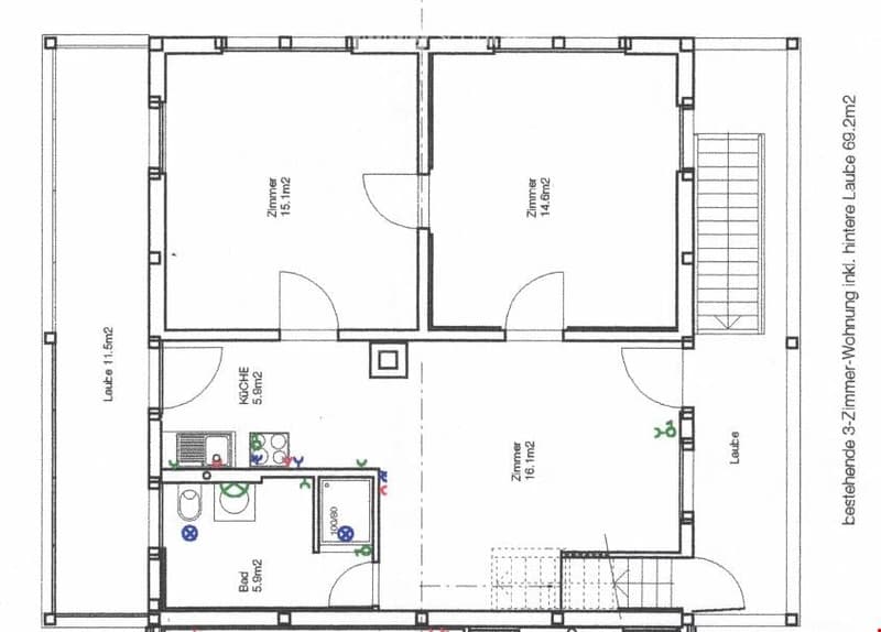 Floor plan of a 3-room apartment with a kitchen, living room, and two bedrooms. Includes a hallway and a bathroom.