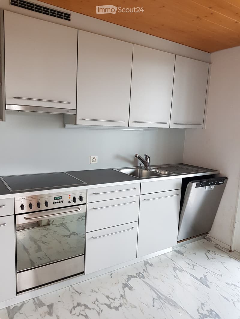 Modern kitchen with white cabinets, stainless steel appliances, marble flooring, and a sleek design.