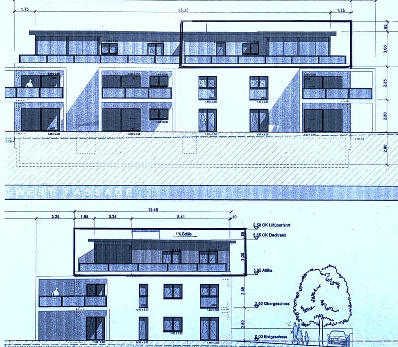 Floor plan of a multi-story building with labeled rooms and dimensions, including living areas, bedrooms, and bathrooms.