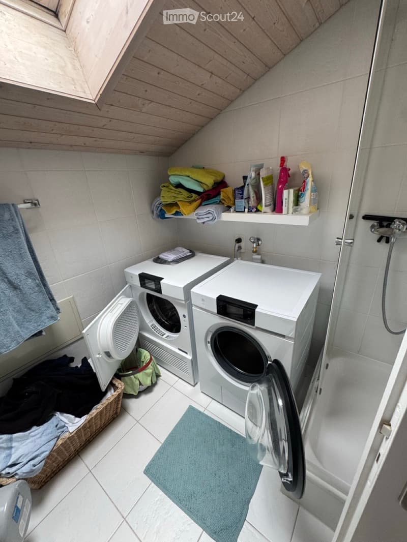 A compact bathroom with a washing machine and dishwasher, shelves holding towels and cleaning supplies, and a small blue rug on the floor.