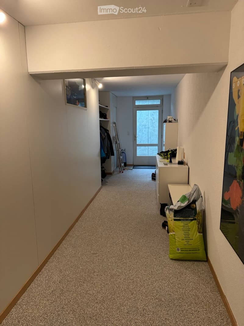 Empty hallway with carpeted floor, white walls, and a door at the end leading outside. There are some items stored along the walls, including a bag and a shelf with clothes.