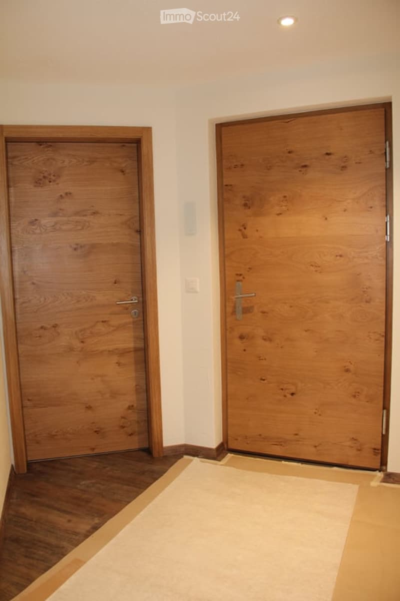 Empty room with wooden doors, light-colored walls, and a small white rug on the floor.
