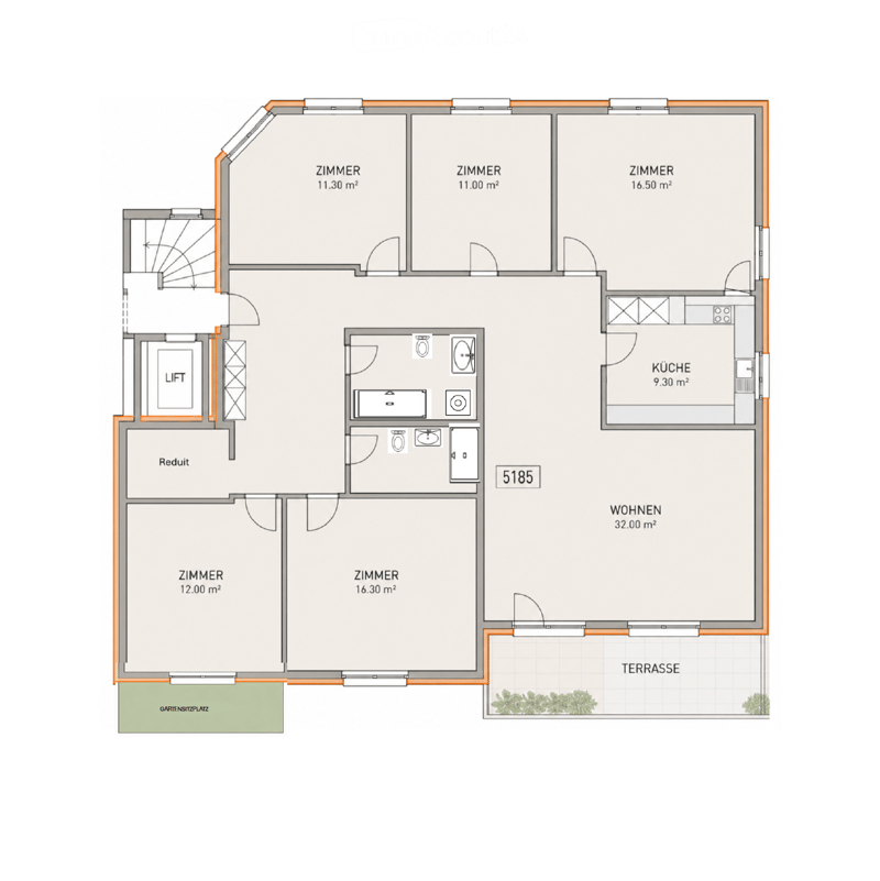 Floor plan showing a 5-room layout including a living area, kitchen, three bedrooms, a bathroom, and a terrace.