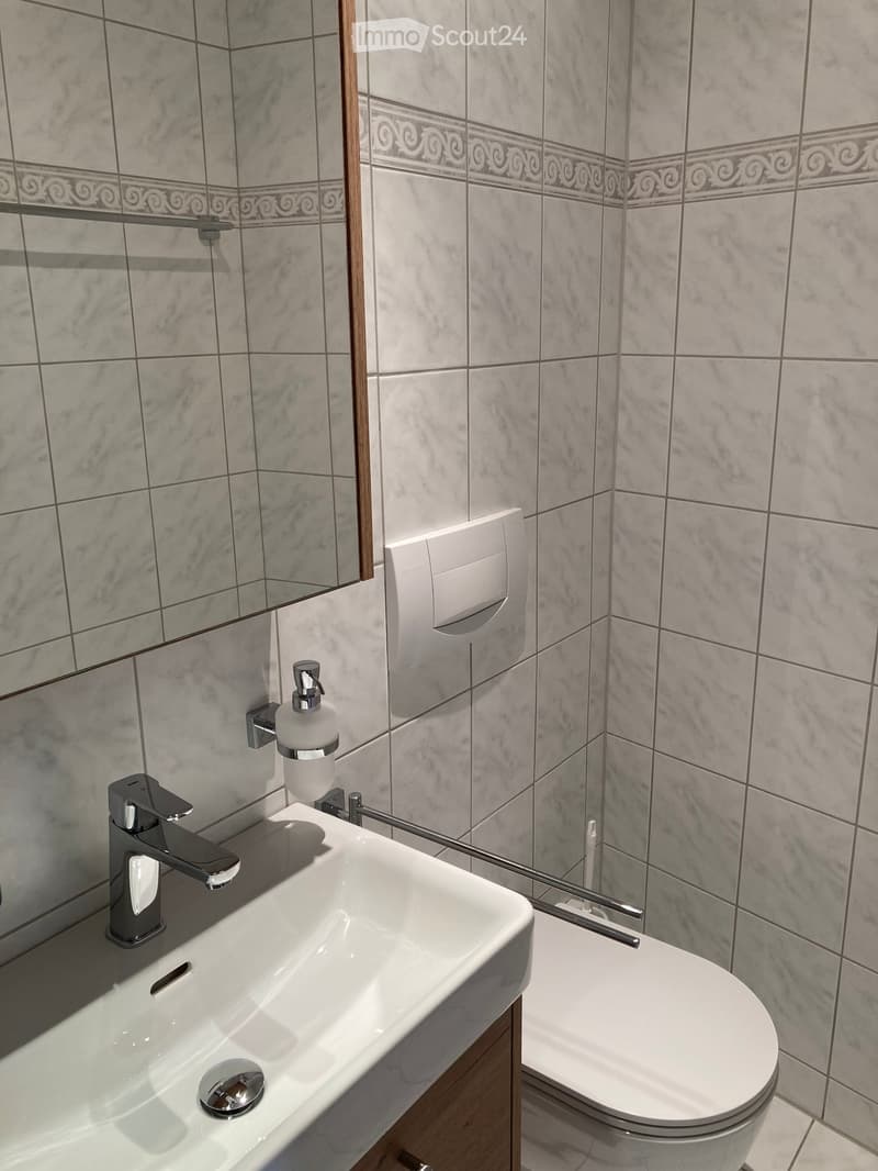 Modern bathroom with a white sink, chrome faucet, toilet, soap dispenser, and a mirror with wooden frame.