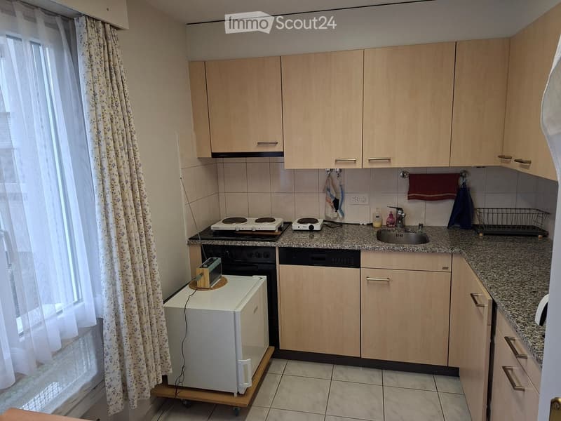 Compact kitchen with light wood cabinets, granite countertops, induction cooktops, a sink, and a small refrigerator on a wooden cart.