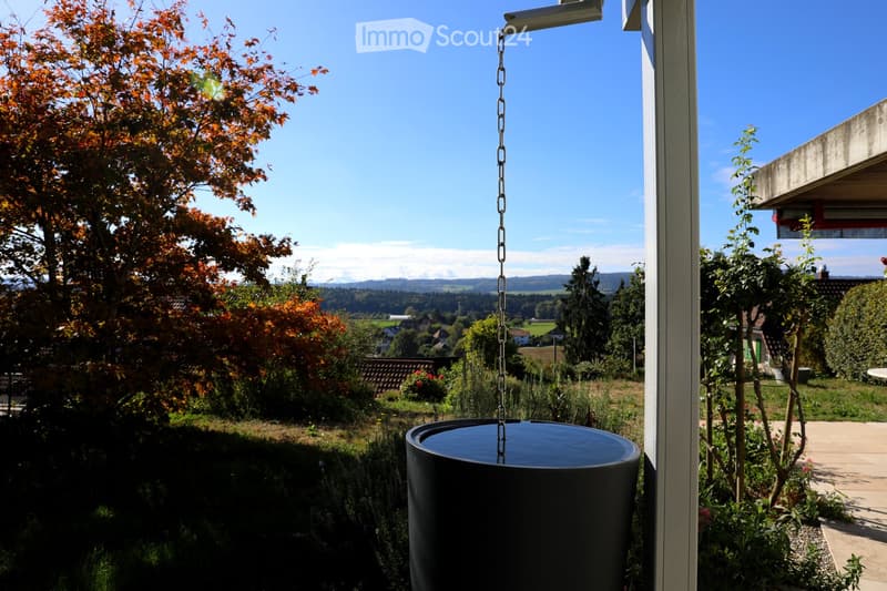 Garden area with a water tank, surrounded by trees and shrubs, with a view of a rural landscape and distant mountains.