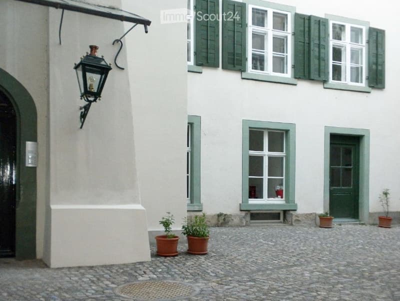 A two-story building with white walls, green shutters, and multiple windows. The entrance features a black door with a lantern-style light fixture above it. Potted plants are placed near the entrance on a cobblestone ground.