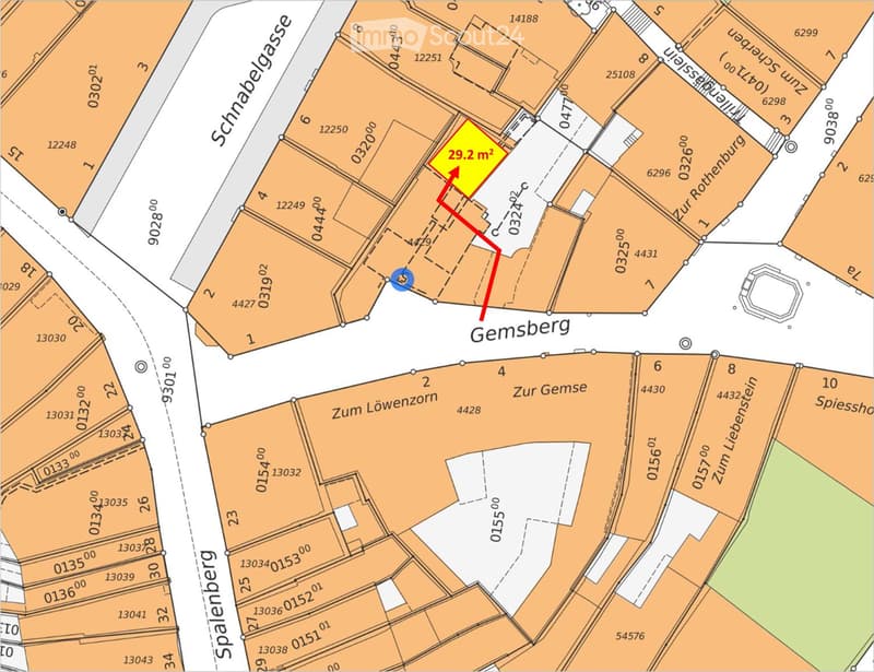 Plot map showing property boundaries and measurements in the area of Gemsberg and Spalenberg, with a highlighted section labeled29.2 m².