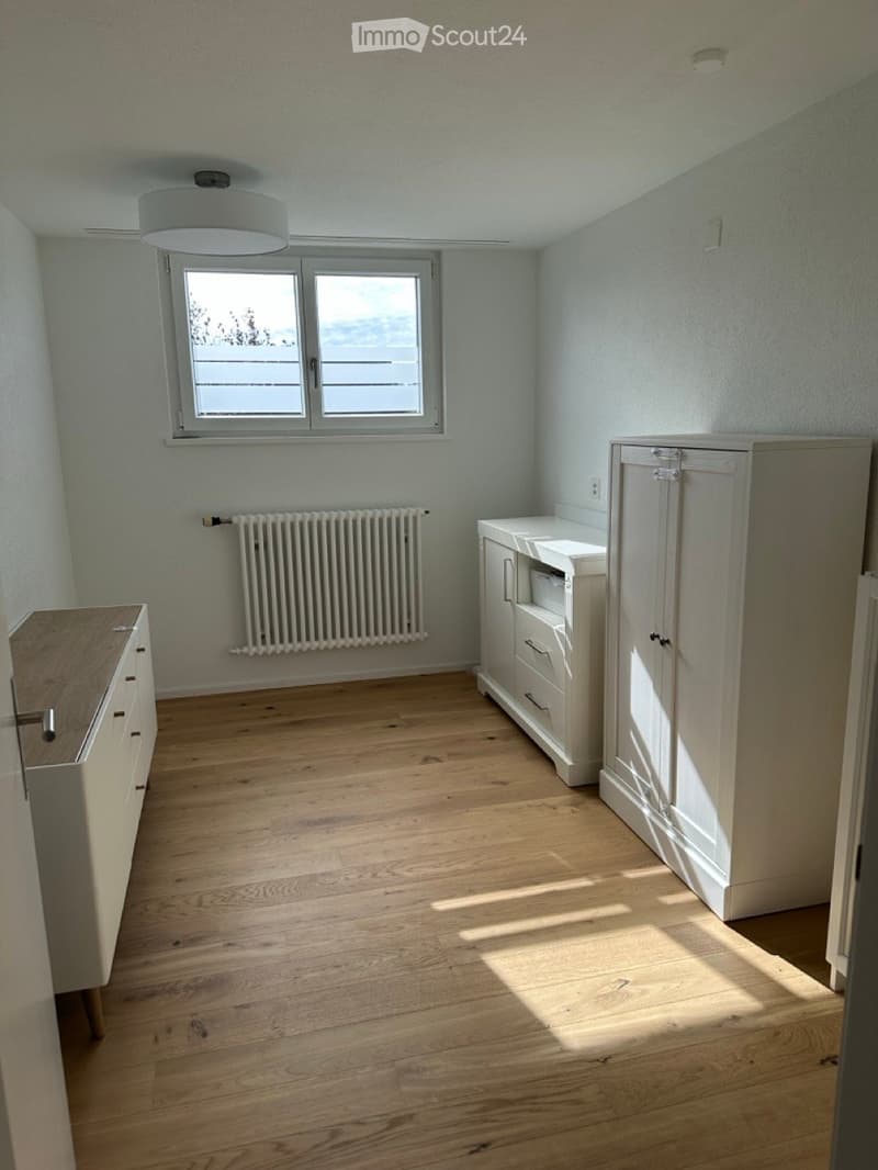 empty room, wooden floor, white walls, white ceiling, white furniture, window, radiator