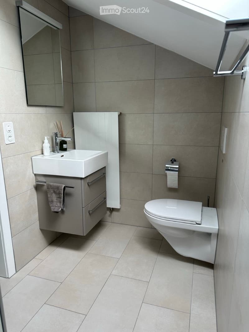 Small bathroom with tiled floor and walls, a white sink, a toilet, and a towel holder.