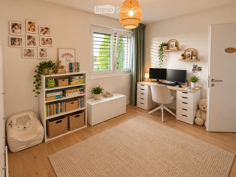 A well-lit, modern children's study room with a desk, computer, chair, bookshelf, and decorative items.