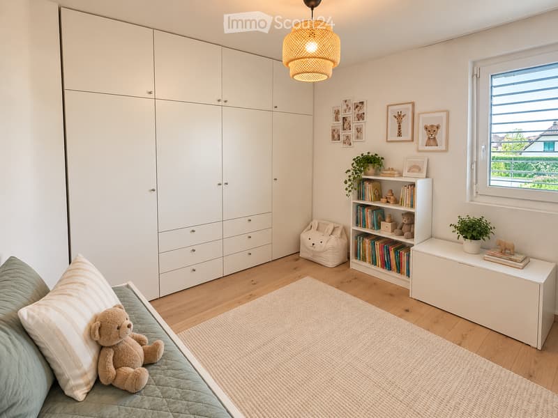 A well-lit bedroom with a bed, a teddy bear on the bed, a bookshelf filled with books, a small plant, and a large white wardrobe. The room features a large window with blinds and a hanging woven lamp.