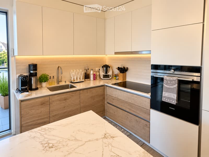Modern kitchen with white cabinets, wooden accents, marble countertops, and stainless steel appliances including a coffee maker, oven, and blender. A sink with a modern faucet is visible, along with a small plant and various kitchen items on the counter.