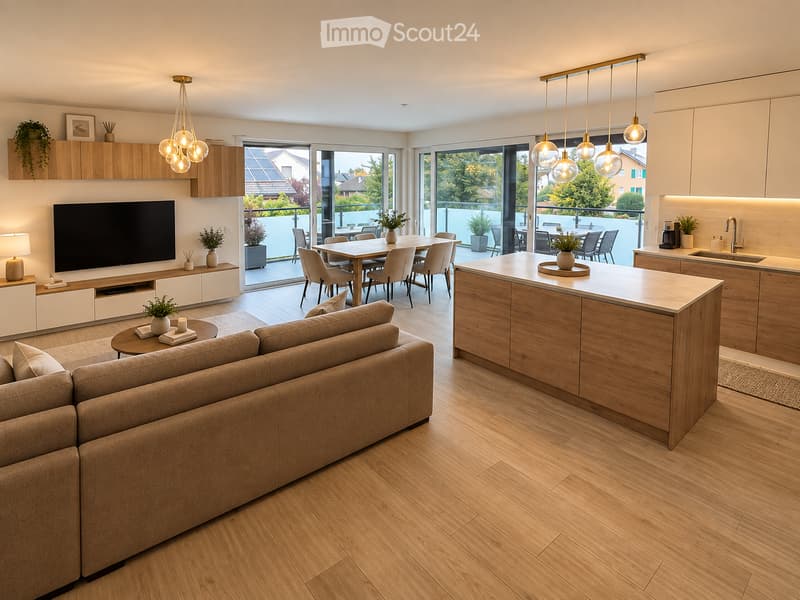 Open-plan living and dining area with a modern kitchen. Features a beige sofa, coffee table, flat-screen TV, wooden dining table with chairs, and a central kitchen island with pendant lighting. Large windows provide access to a balcony with outdoor seatin