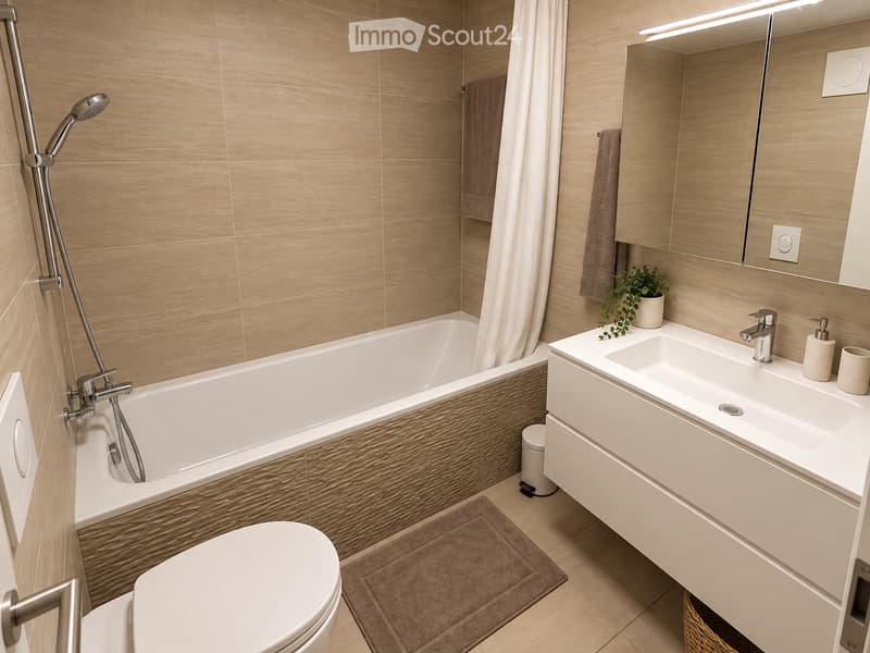Modern bathroom with a bathtub, toilet, sink, mirror, and a small plant on the sink counter.
