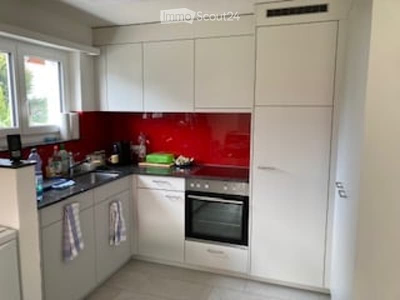 Modern kitchen with white cabinets, red backsplash, stainless steel appliances, and a window above the sink.