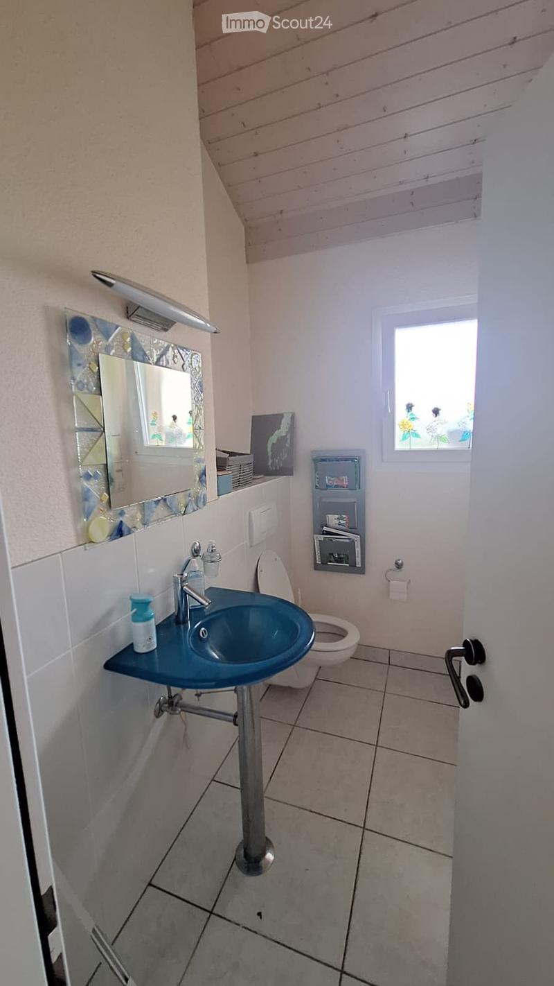 Cozy bathroom with a blue sink, white toilet, decorative mirror, and a small window letting in natural light.