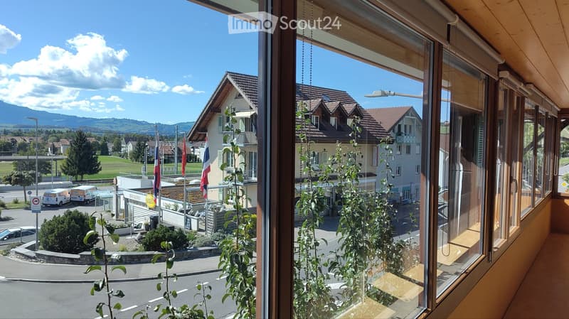 Balcony overlooking a town with houses, flags, and a mountainous backdrop. Potted plants are visible on the balcony.