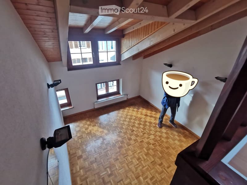 A narrow hallway with wooden flooring, white walls, and multiple windows allowing natural light. The ceiling has exposed wooden beams, and there are security cameras mounted on the walls.