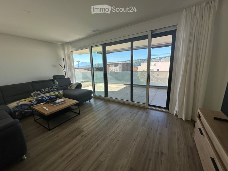 Modern living room with wooden flooring, large sliding glass doors leading to a balcony, a dark grey sectional sofa, a wooden coffee table, and a TV stand.